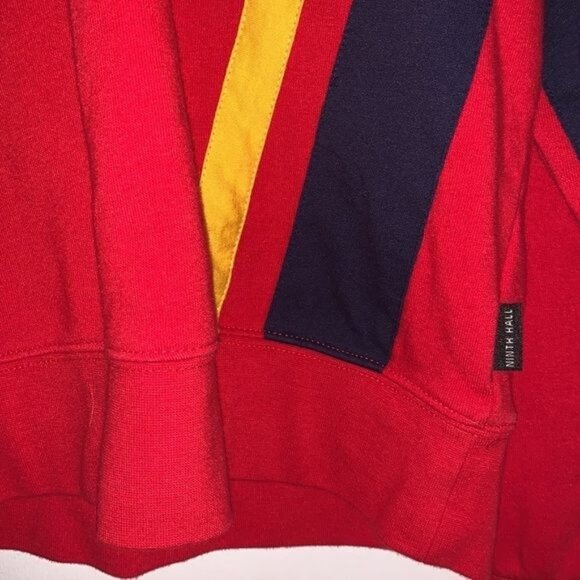 Red Ninth Hall Hoodie With Yellow & Navy Sleeve Stripes Cotton-Polyester Blend M - Picture 8 of 9